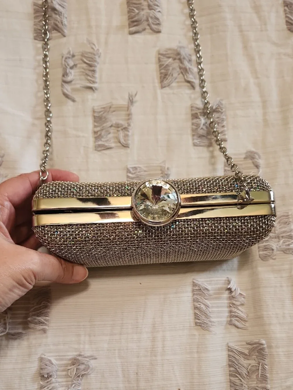 Silver Glitter Evening Clutch with Chain Strap